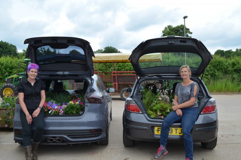 woman posing behind their car with a plant