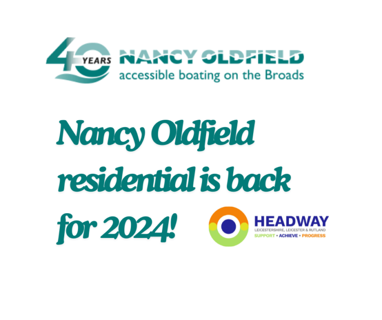 Image for the post on Residential for Headway members. Text saying Nancy Oldfield residential is back for 2024! written in green with the Nancy Oldfield and Heady Logo.