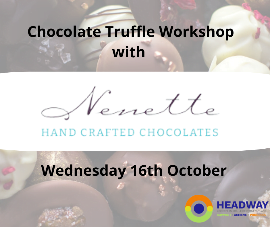 picture of chocolate truffles with the words Chocolate Truffle workshop Wednesday 16th October written. There is an image of Nenette Hand Crafted chocolates logo in the middle