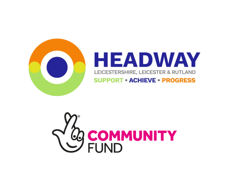 headway logo in green and orange with the words support achieve progress underneath. The national lottery logo with fingers crossed is below it with the words community fund