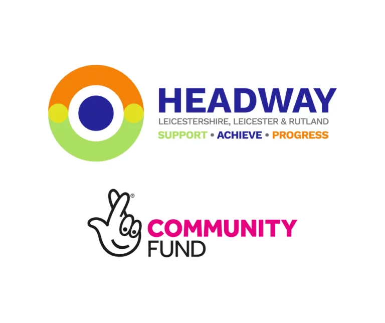 headway logo in green and orange with the words support achieve progress underneath. The national lottery logo with fingers crossed is below it with the words community fund