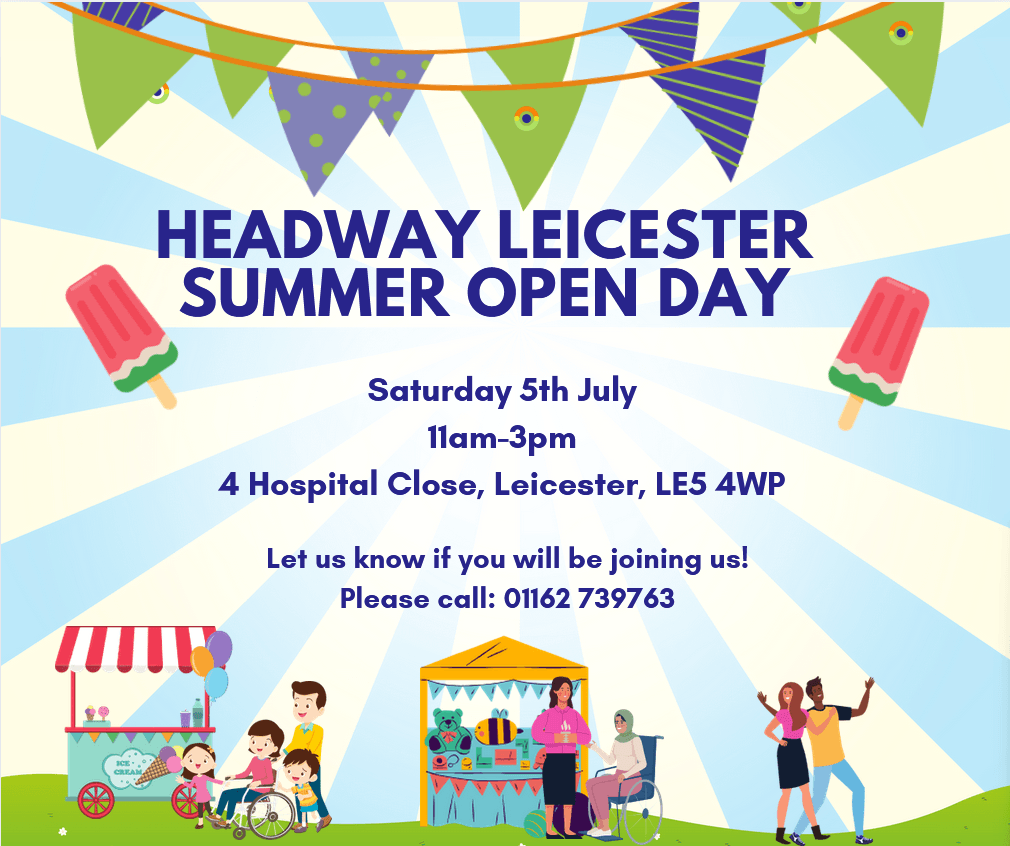 Headway Leicester Summer open day. the background is blue and white with images of people looking at stalls